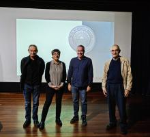Os académicos Gonzalo Navaza, Ana Boullón e Antón Santamarina co alcalde da Caniza, Luis Piña